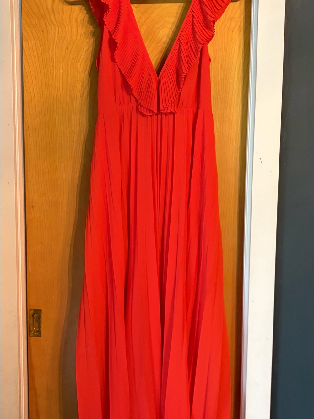 Zara Coral-Red Ruffled V-Neck Maxi Dress